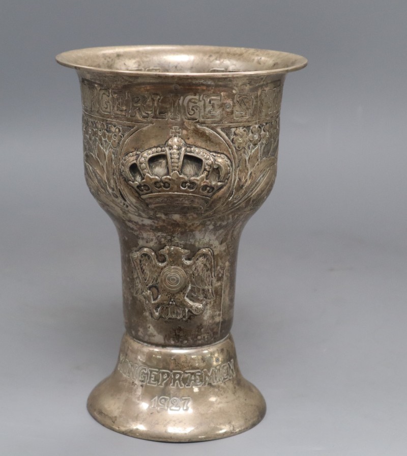A 1920s Danish white metal presentation vase, embossed with eagle and crown and Danish inscription, 21cm, 14 oz.